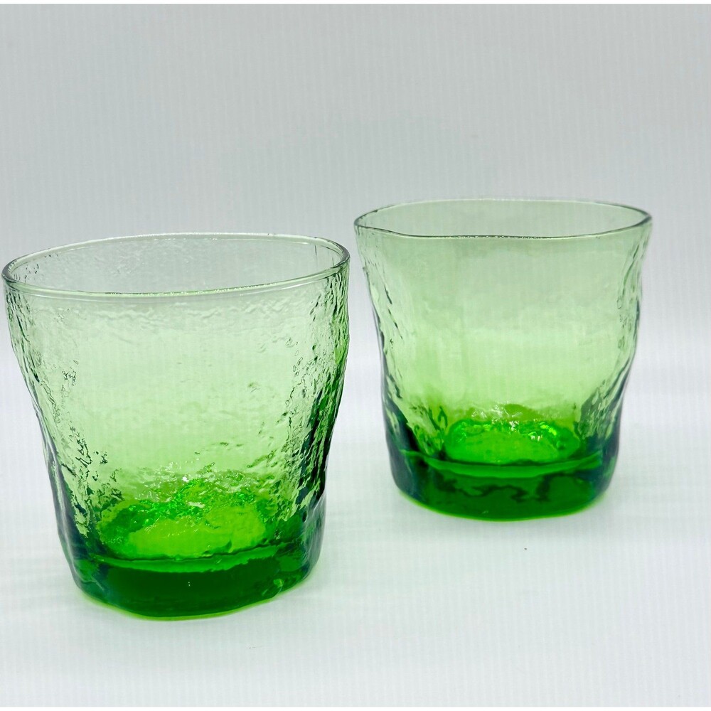 Set of 2 Vintage MORGANTOWN Crinkle Green Glasses Drinkware Glassware